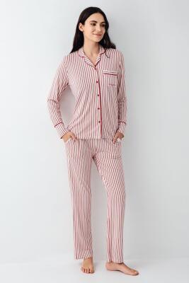 Kadın Çizgili Önden Düğmeli Pijama Takım, %50 Modal %50 Pamuk Gömlek Pijama Takım - 2