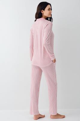 Kadın Çizgili Önden Düğmeli Pijama Takım, %50 Modal %50 Pamuk Gömlek Pijama Takım - 12