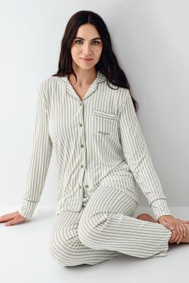 Kadın Çizgili Önden Düğmeli Pijama Takım, %50 Modal %50 Pamuk Gömlek Pijama Takım - 5