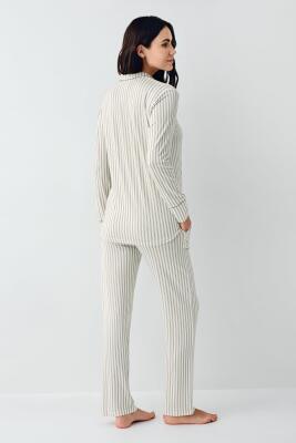 Kadın Çizgili Önden Düğmeli Pijama Takım, %50 Modal %50 Pamuk Gömlek Pijama Takım - 8