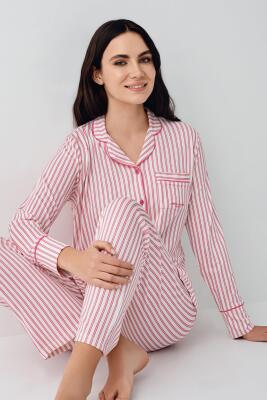 Kadın Çizgili Önden Düğmeli Pijama Takım, %50 Modal %50 Pamuk Gömlek Pijama Takım - 9