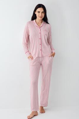 Kadın Çizgili Önden Düğmeli Pijama Takım, %50 Modal %50 Pamuk Gömlek Pijama Takım - 10