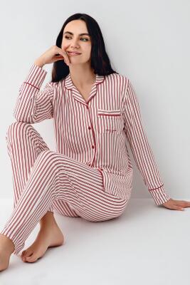 Kadın Çizgili Önden Düğmeli Pijama Takım, %50 Modal %50 Pamuk Gömlek Pijama Takım - 1