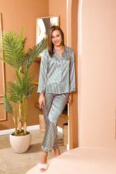 Kadın Çizgili Saten Düğmeli Gömlek Pijama Takım