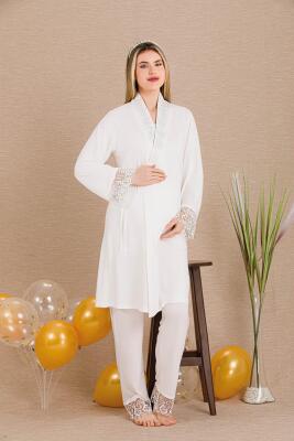 Kadın Dantel Detaylı 3'lü Hamile Lohusa Pijama Takım, Hamile Lohusa Sabahlık ve Pijama Takımı  - 4