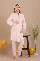 Kadın Dantel Detaylı 3'lü Hamile Lohusa Pijama Takım, Hamile Lohusa Sabahlık ve Pijama Takımı  - 7