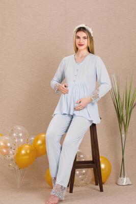 Kadın Dantel Detaylı 3'lü Hamile Lohusa Pijama Takım, Hamile Lohusa Sabahlık ve Pijama Takımı  - 3