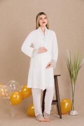 Kadın Dantel Detaylı 3'lü Hamile Lohusa Pijama Takım, Hamile Lohusa Sabahlık ve Pijama Takımı  - 4