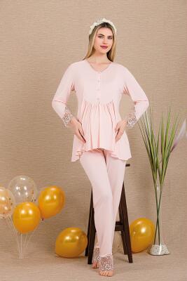 Kadın Dantel Detaylı 3'lü Hamile Lohusa Pijama Takım, Hamile Lohusa Sabahlık ve Pijama Takımı  - 8