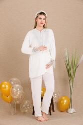 Kadın Dantel Detaylı 3'lü Hamile Lohusa Pijama Takım, Hamile Lohusa Sabahlık ve Pijama Takımı  - 7