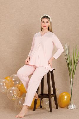 Kadın Dantel Detaylı 3'lü Hamile Lohusa Pijama Takım, Hamile Lohusa Sabahlık ve Pijama Takımı  - 3