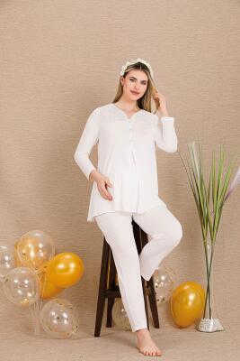 Kadın Dantel Detaylı 3'lü Hamile Lohusa Pijama Takım, Hamile Lohusa Sabahlık ve Pijama Takımı  - 8