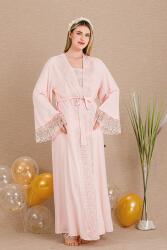 Kadın Dantel Detaylı 3'lü Hamile Lohusa Pijama Takım, Hamile Lohusa Uzun Sabahlık ve Pijama Takımı 