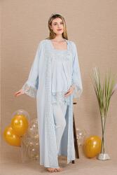 Kadın Dantel Detaylı 3'lü Hamile Lohusa Pijama Takım, Hamile Lohusa Uzun Sabahlık ve Pijama Takımı  - 4