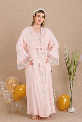 Kadın Dantel Detaylı 3'lü Hamile Lohusa Pijama Takım, Hamile Lohusa Uzun Sabahlık ve Pijama Takımı  - 1