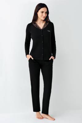 Kadın Dantel Detaylı Düğmeli Pijama Takım, %50 Modal %50 Pamuk - 2