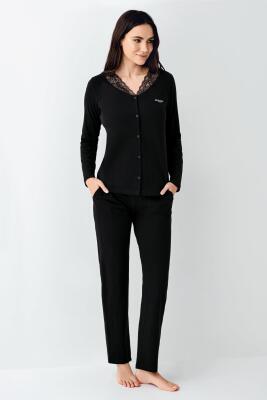 Kadın Dantel Detaylı Düğmeli Pijama Takım, %50 Modal %50 Pamuk - 2