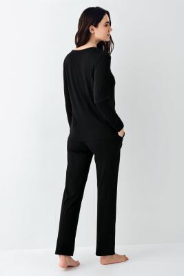 Kadın Dantel Detaylı Düğmeli Pijama Takım, %50 Modal %50 Pamuk - 4