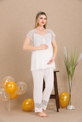 Kadın Dantel Güpür Detaylı 3'lü Hamile Lohusa Pijama Takım, Hamile Lohusa Sabahlık ve Pijama Set - 2