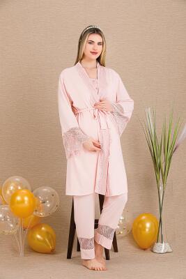 Kadın Dantel Güpür Detaylı 3'lü Hamile Lohusa Pijama Takım, Hamile Lohusa Sabahlık ve Pijama Set - 4