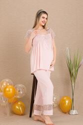 Kadın Dantel Güpür Detaylı 3'lü Hamile Lohusa Pijama Takım, Hamile Lohusa Sabahlık ve Pijama Set - 5