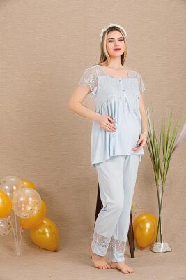 Kadın Dantel Güpür Detaylı 3'lü Hamile Lohusa Pijama Takım, Hamile Lohusa Sabahlık ve Pijama Set - 8
