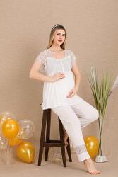 Kadın Dantel Güpür Detaylı 3'lü Hamile Lohusa Pijama Takım, Hamile Lohusa Sabahlık ve Pijama Set - 3