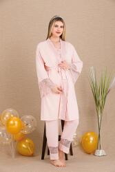 Kadın Dantel Güpür Detaylı 3'lü Hamile Lohusa Pijama Takım, Hamile Lohusa Sabahlık ve Pijama Set - 4