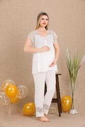 Kadın Dantel Güpür Detaylı 3'lü Hamile Lohusa Pijama Takım, Hamile Lohusa Sabahlık ve Pijama Set (1)