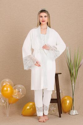 Kadın Dantel Güpür Detaylı 3'lü Hamile Lohusa Pijama Takım, Hamile Lohusa Sabahlık ve Pijama Set - 1