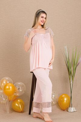 Kadın Dantel Güpür Detaylı 3'lü Hamile Lohusa Pijama Takım, Hamile Lohusa Sabahlık ve Pijama Set - 5