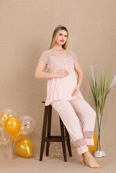 Kadın Dantel Güpür Detaylı 3'lü Hamile Lohusa Pijama Takım, Hamile Lohusa Sabahlık ve Pijama Set - 6