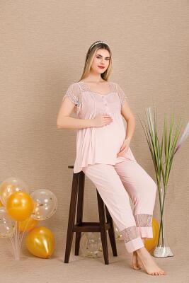 Kadın Dantel Güpür Detaylı 3'lü Hamile Lohusa Pijama Takım, Hamile Lohusa Sabahlık ve Pijama Set - 6