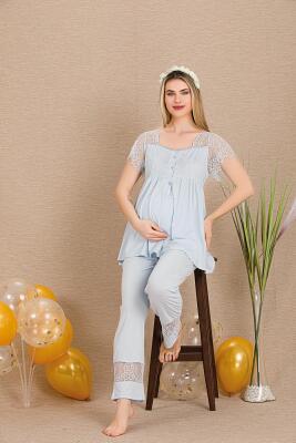 Kadın Dantel Güpür Detaylı 3'lü Hamile Lohusa Pijama Takım, Hamile Lohusa Sabahlık ve Pijama Set - 9