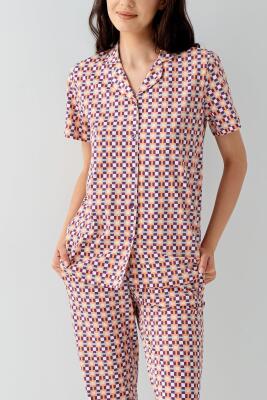 Kadın Desenli Düğmeli Gömlek Yaka Pijama Takımı – %50 Pamuk %50 Modal, Üst Kısa Kollu, Cepli Uzun Alt - 2