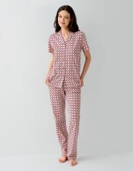 Kadın Desenli Düğmeli Gömlek Yaka Pijama Takımı – %50 Pamuk %50 Modal, Üst Kısa Kollu, Cepli Uzun Alt - 1