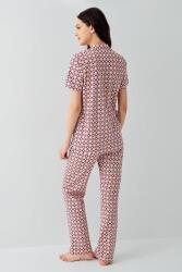 Kadın Desenli Düğmeli Gömlek Yaka Pijama Takımı – %50 Pamuk %50 Modal, Üst Kısa Kollu, Cepli Uzun Alt - 3