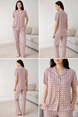 Kadın Desenli Düğmeli Gömlek Yaka Pijama Takımı – %50 Pamuk %50 Modal, Üst Kısa Kollu, Cepli Uzun Alt - 4