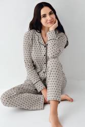 Kadın Desenli Gömlek Yaka Uzunkol Mevsimlik Pijama Takım, %50 pamuk %50 modal - Thumbnail