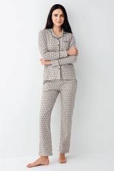Kadın Desenli Gömlek Yaka Uzunkol Mevsimlik Pijama Takım, %50 pamuk %50 modal - Thumbnail