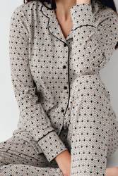 Kadın Desenli Gömlek Yaka Uzunkol Mevsimlik Pijama Takım, %50 pamuk %50 modal - Thumbnail