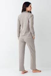 Kadın Desenli Gömlek Yaka Uzunkol Mevsimlik Pijama Takım, %50 pamuk %50 modal - Thumbnail