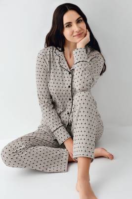 Pierre Cardin - Kadın Desenli Gömlek Yaka Uzunkol Mevsimlik Pijama Takım, %50 pamuk %50 modal