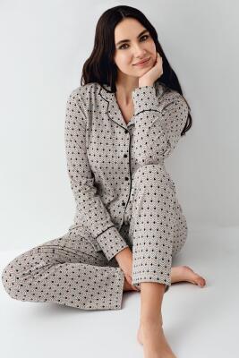 Kadın Desenli Gömlek Yaka Uzunkol Mevsimlik Pijama Takım, %50 pamuk %50 modal - 1