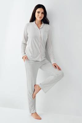 Pierre Cardin - Kadın Düğmeli Çizgili Pijama Takım, Uzun kollu ve Cepli, %50 Pamuk %50 Modal