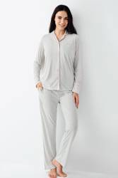 Kadın Düğmeli Çizgili Pijama Takım, Uzun kollu ve Cepli, %50 Pamuk %50 Modal - Thumbnail