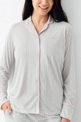 Kadın Düğmeli Çizgili Pijama Takım, Uzun kollu ve Cepli, %50 Pamuk %50 Modal - 4