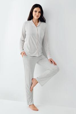Kadın Düğmeli Çizgili Pijama Takım, Uzun kollu ve Cepli, %50 Pamuk %50 Modal - 1