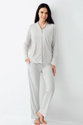Kadın Düğmeli Çizgili Pijama Takım, Uzun kollu ve Cepli, %50 Pamuk %50 Modal - 2