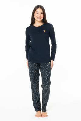 U.S. Polo Assn. - Kadın Düğmeli Yaka Ev Giyim, Pijama Takım, Uzunkol, %100 Pamuk